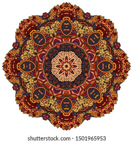 Mandala, tracery wheel mehndi design. Ethnic ornament, colorful doodle symmetry texture. Folk traditional spiritual tribal design. Curved shape, isolated on white. Color art. Vector