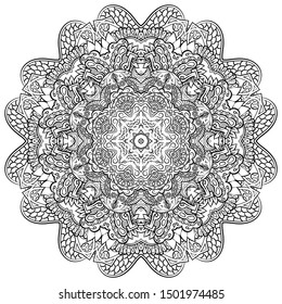 Mandala, tracery wheel mehndi design. Ethnic ornament, doodle symmetry texture. Folk traditional spiritual tribal design. Curved shape, isolated on white. Binary monochrome black and white art. Vector