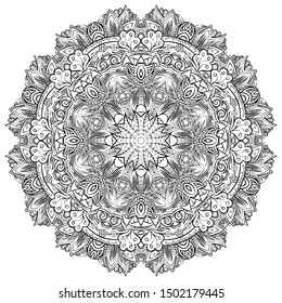 Mandala, tracery wheel mehndi design. Ethnic ornament, doodle symmetry texture. Folk traditional spiritual tribal design. Curved shape, isolated on white. Binary monochrome black and white art. Vector