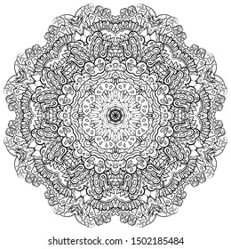 Mandala, tracery wheel mehndi design. Ethnic ornament, doodle symmetry texture. Folk traditional spiritual tribal design. Curved shape, isolated on white. Binary monochrome black and white art. Vector