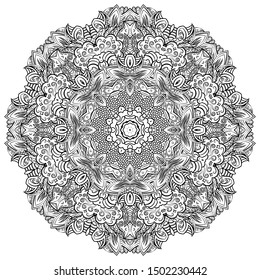 Mandala, tracery wheel mehndi design. Ethnic ornament, doodle symmetry texture. Folk traditional spiritual tribal design. Curved shape, isolated on white. Binary monochrome black and white art. Vector