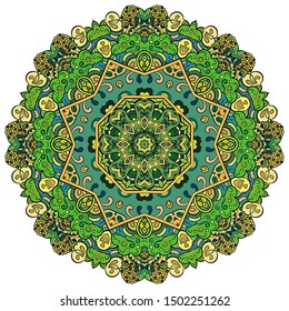 Mandala, tracery wheel mehndi design. Ethnic ornament, colorful doodle symmetry texture. Folk traditional spiritual tribal design. Curved shape, isolated on white. Color art. Vector