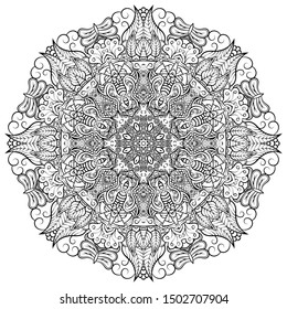 Mandala, tracery wheel mehndi design. Ethnic ornament, doodle symmetry texture. Folk traditional spiritual tribal design. Curved shape, isolated on white. Binary monochrome black and white art. Vector