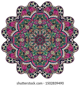 Mandala, tracery wheel mehndi design. Ethnic ornament, colorful doodle symmetry texture. Folk traditional spiritual tribal design. Curved shape, isolated on white. Color art. Vector