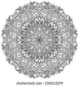Mandala, tracery wheel mehndi design. Ethnic ornament, doodle symmetry texture. Folk traditional spiritual tribal design. Curved shape, isolated on white. Binary monochrome black and white art. Vector