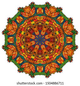 Mandala, tracery wheel mehndi design. Ethnic ornament, colorful doodle symmetry texture. Folk traditional spiritual tribal design. Curved shape, isolated on white. Color art. Vector