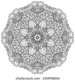 Mandala, tracery wheel mehndi design. Ethnic ornament, doodle symmetry texture. Folk traditional spiritual tribal design. Curved shape, isolated on white. Binary monochrome black and white art. Vector