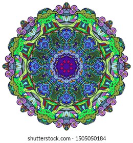 Mandala, tracery wheel mehndi design. Ethnic ornament, colorful doodle symmetry texture. Folk traditional spiritual tribal design. Curved shape, isolated on white. Color art. Vector