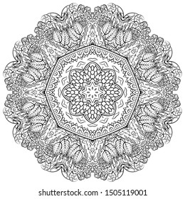 Mandala, tracery wheel mehndi design. Ethnic ornament, doodle symmetry texture. Folk traditional spiritual tribal design. Curved shape, isolated on white. Binary monochrome black and white art. Vector