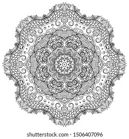 Mandala, tracery wheel mehndi design. Ethnic ornament, doodle symmetry texture. Folk traditional spiritual tribal design. Curved shape, isolated on white. Binary monochrome black and white art. Vector