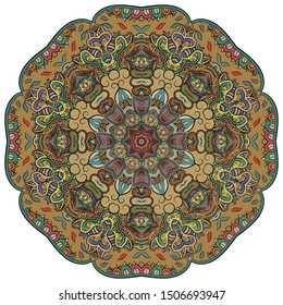 Mandala, tracery wheel mehndi design. Ethnic ornament, colorful doodle symmetry texture. Folk traditional spiritual tribal design. Curved shape, isolated on white. Color art. Vector