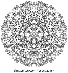 Mandala, tracery wheel mehndi design. Ethnic ornament, doodle symmetry texture. Folk traditional spiritual tribal design. Curved shape, isolated on white. Binary monochrome black and white art. Vector