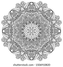 Mandala, tracery wheel mehndi design. Ethnic ornament, doodle symmetry texture. Folk traditional spiritual tribal design. Curved shape, isolated on white. Binary monochrome black and white art. Vector