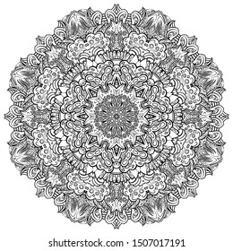 Mandala, tracery wheel mehndi design. Ethnic ornament, doodle symmetry texture. Folk traditional spiritual tribal design. Curved shape, isolated on white. Binary monochrome black and white art. Vector
