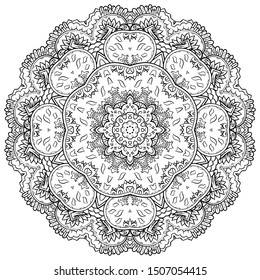 Mandala, tracery wheel mehndi design. Ethnic ornament, doodle symmetry texture. Folk traditional spiritual tribal design. Curved shape, isolated on white. Binary monochrome black and white art. Vector