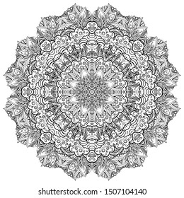 Mandala, tracery wheel mehndi design. Ethnic ornament, doodle symmetry texture. Folk traditional spiritual tribal design. Curved shape, isolated on white. Binary monochrome black and white art. Vector