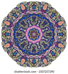 Mandala, tracery wheel mehndi design. Ethnic ornament, colorful doodle symmetry texture. Folk traditional spiritual tribal design. Curved shape, isolated on white. Color art. Vector