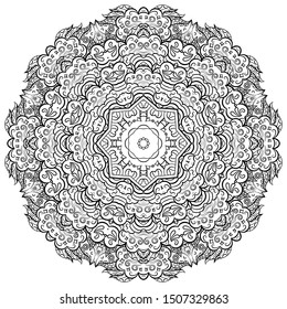 Mandala, tracery wheel mehndi design. Ethnic ornament, doodle symmetry texture. Folk traditional spiritual tribal design. Curved shape, isolated on white. Binary monochrome black and white art. Vector