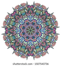 Mandala, tracery wheel mehndi design. Ethnic ornament, colorful doodle symmetry texture. Folk traditional spiritual tribal design. Curved shape, isolated on white. Color art. Vector