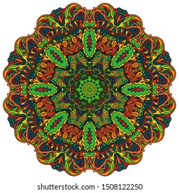 Mandala, tracery wheel mehndi design. Ethnic ornament, colorful doodle symmetry texture. Folk traditional spiritual tribal design. Curved shape, isolated on white. Color art. Vector