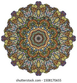 Mandala, tracery wheel mehndi design. Ethnic ornament, colorful doodle symmetry texture. Folk traditional spiritual tribal design. Curved shape, isolated on white. Color art. Vector
