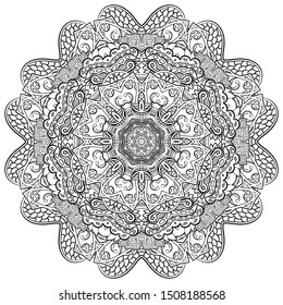 Mandala, tracery wheel mehndi design. Ethnic ornament, doodle symmetry texture. Folk traditional spiritual tribal design. Curved shape, isolated on white. Binary monochrome black and white art. Vector