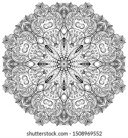 Mandala, tracery wheel mehndi design. Ethnic ornament, doodle symmetry texture. Folk traditional spiritual tribal design. Curved shape, isolated on white. Binary monochrome black and white art. Vector