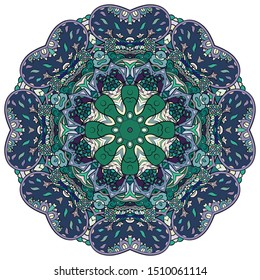 Mandala, tracery wheel mehndi design. Ethnic ornament, colorful doodle symmetry texture. Folk traditional spiritual tribal design. Curved shape, isolated on white. Color art. Vector