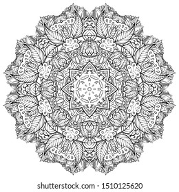 Mandala, tracery wheel mehndi design. Ethnic ornament, doodle symmetry texture. Folk traditional spiritual tribal design. Curved shape, isolated on white. Binary monochrome black and white art. Vector