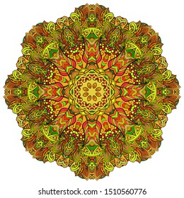 Mandala, tracery wheel mehndi design. Ethnic ornament, colorful doodle symmetry texture. Folk traditional spiritual tribal design. Curved shape, isolated on white. Color art. Vector
