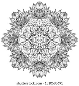 Mandala, tracery wheel mehndi design. Ethnic ornament, doodle symmetry texture. Folk traditional spiritual tribal design. Curved shape, isolated on white. Binary monochrome black and white art. Vector