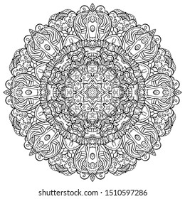 Mandala, tracery wheel mehndi design. Ethnic ornament, doodle symmetry texture. Folk traditional spiritual tribal design. Curved shape, isolated on white. Binary monochrome black and white art. Vector