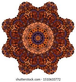 Mandala, tracery wheel mehndi design. Ethnic ornament, colorful doodle symmetry texture. Folk traditional spiritual tribal design. Curved shape, isolated on white. Color art. Vector
