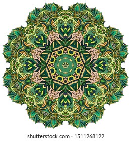 Mandala, tracery wheel mehndi design. Ethnic ornament, colorful doodle symmetry texture. Folk traditional spiritual tribal design. Curved shape, isolated on white. Color art. Vector