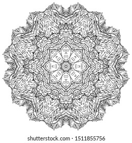 Mandala, tracery wheel mehndi design. Ethnic ornament, doodle symmetry texture. Folk traditional spiritual tribal design. Curved shape, isolated on white. Binary monochrome black and white art. Vector
