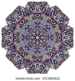 Mandala, tracery wheel mehndi design. Ethnic ornament, colorful doodle symmetry texture. Folk traditional spiritual tribal design. Curved shape, isolated on white. Color art. Vector
