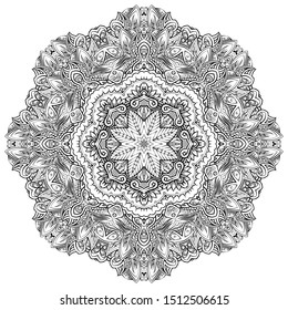 Mandala, tracery wheel mehndi design. Ethnic ornament, doodle symmetry texture. Folk traditional spiritual tribal design. Curved shape, isolated on white. Binary monochrome black and white art. Vector