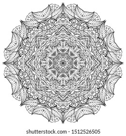 Mandala, tracery wheel mehndi design. Ethnic ornament, doodle symmetry texture. Folk traditional spiritual tribal design. Curved shape, isolated on white. Binary monochrome black and white art. Vector