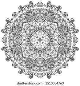 Mandala, tracery wheel mehndi design. Ethnic ornament, doodle symmetry texture. Folk traditional spiritual tribal design. Curved shape, isolated on white. Binary monochrome black and white art. Vector