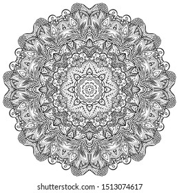 Mandala, tracery wheel mehndi design. Ethnic ornament, doodle symmetry texture. Folk traditional spiritual tribal design. Curved shape, isolated on white. Binary monochrome black and white art. Vector