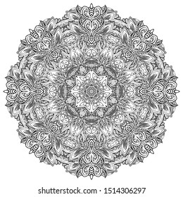 Mandala, tracery wheel mehndi design. Ethnic ornament, doodle symmetry texture. Folk traditional spiritual tribal design. Curved shape, isolated on white. Binary monochrome black and white art. Vector