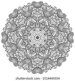 Mandala, tracery wheel mehndi design. Ethnic ornament, doodle symmetry texture. Folk traditional spiritual tribal design. Curved shape, isolated on white. Binary monochrome black and white art. Vector