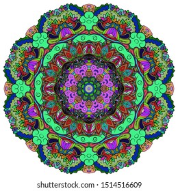 Mandala, tracery wheel mehndi design. Ethnic ornament, colorful doodle symmetry texture. Folk traditional spiritual tribal design. Curved shape, isolated on white. Color art. Vector