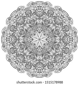 Mandala, tracery wheel mehndi design. Ethnic ornament, doodle symmetry texture. Folk traditional spiritual tribal design. Curved shape, isolated on white. Binary monochrome black and white art. Vector