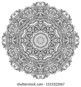 Mandala, tracery wheel mehndi design. Ethnic ornament, doodle symmetry texture. Folk traditional spiritual tribal design. Curved shape, isolated on white. Binary monochrome black and white art. Vector