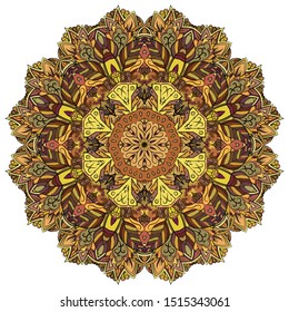 Mandala, tracery wheel mehndi design. Ethnic ornament, colorful doodle symmetry texture. Folk traditional spiritual tribal design. Curved shape, isolated on white. Color art. Vector