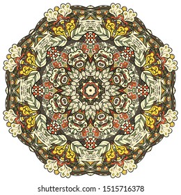 Mandala, tracery wheel mehndi design. Ethnic ornament, colorful doodle symmetry texture. Folk traditional spiritual tribal design. Curved shape, isolated on white. Color art. Vector