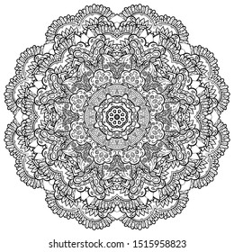 Mandala, tracery wheel mehndi design. Ethnic ornament, doodle symmetry texture. Folk traditional spiritual tribal design. Curved shape, isolated on white. Binary monochrome black and white art. Vector