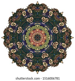 Mandala, tracery wheel mehndi design. Ethnic ornament, colorful doodle symmetry texture. Folk traditional spiritual tribal design. Curved shape, isolated on white. Color art. Vector