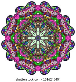 Mandala, tracery wheel mehndi design. Ethnic ornament, colorful doodle symmetry texture. Folk traditional spiritual tribal design. Curved shape, isolated on white. Color art. Vector